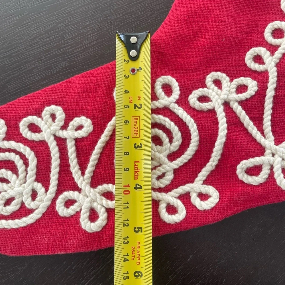 Crate & Barrel Christmas Stocking Red Cream Cotton Rope Cord Scroll 21
